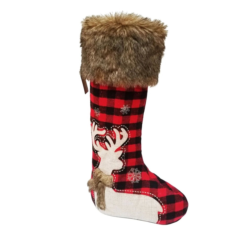 The Original Standing Stocking 34in Buffalo Plaid Reindeer Faux Fur Collapsible